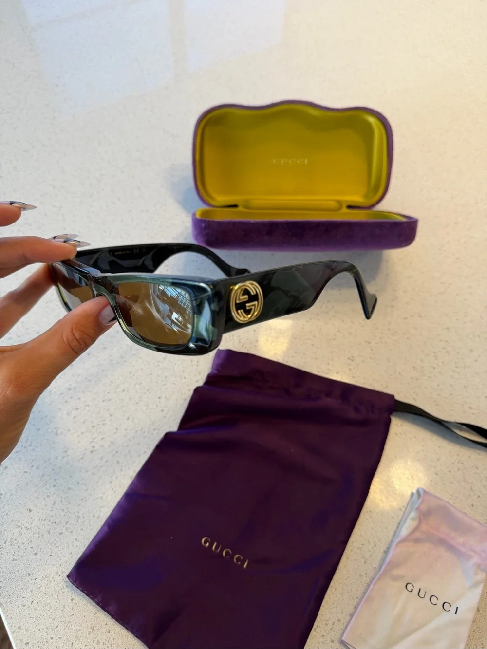 Gucci GG Logo Rectangular Sunglasses Dark Green w/ Case & Accessories